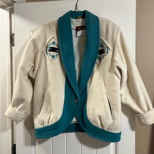 Beautiful vintage wool Pioneer Wear coat turquoise cream and maroon.